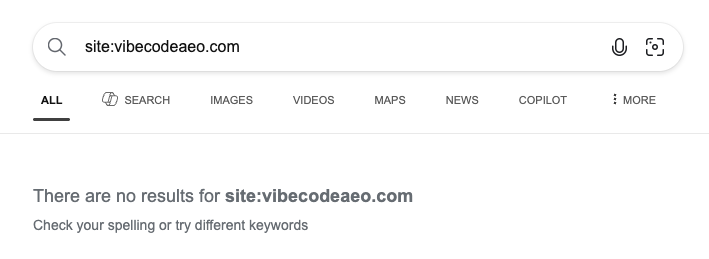 Bing search for site:vibecodeaeo.com showing zero results despite IndexNow submission