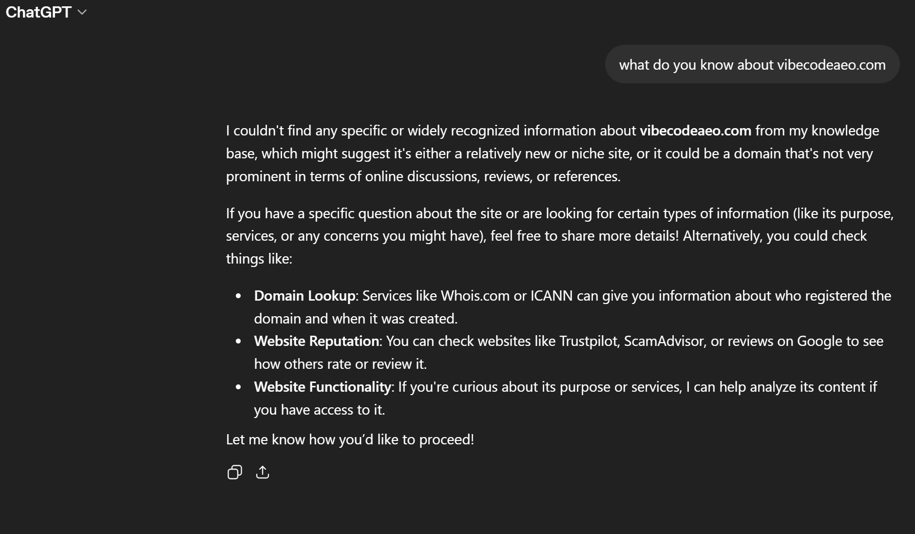 ChatGPT responding to 'what do you know about vibecodeaeo.com' by saying it could not find specific or widely recognized information about the domain