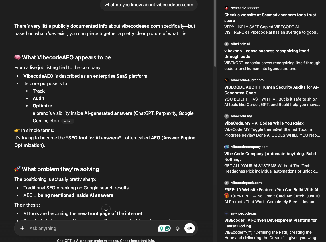ChatGPT answering 'what do you know about vibecodeaeo.com' with the answer 'There is very little publicly documented info about vibecodeaeo.com specifically' and a Sources panel showing six third-party domains: scamadviser.com, vibekode.ai, vibecode-audit.com, vibecode.my, vibecodecompany.com, vibecodepack.com, and myvibecoder.us, none of which are the actual vibecodeaeo.com domain