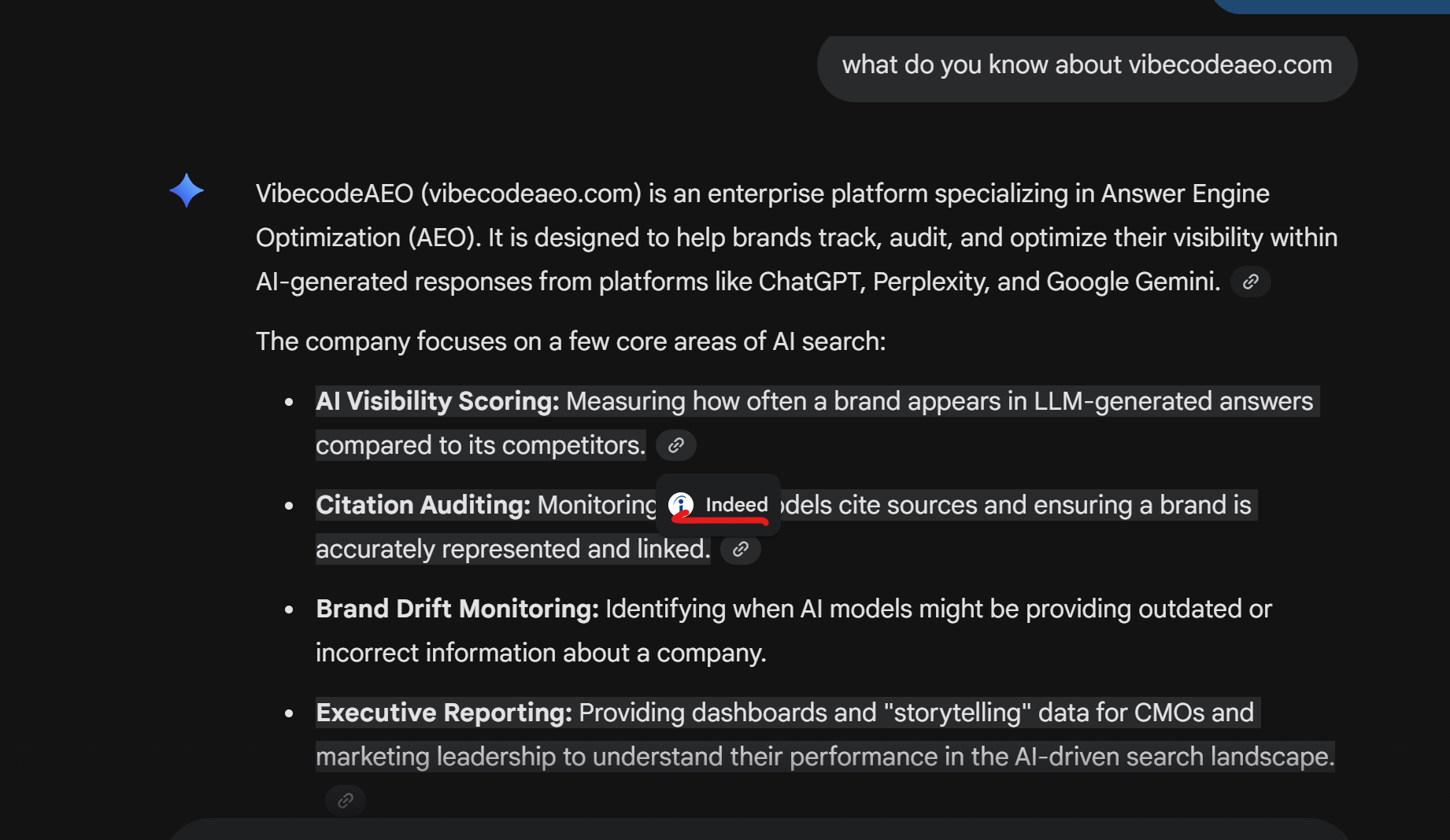 Google Gemini answering 'what do you know about vibecodeaeo.com' with a detailed answer that cites an Indeed job post as a source