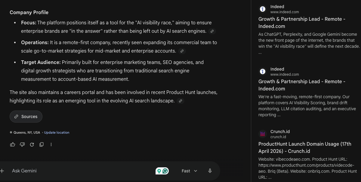 Google Gemini answering about VibecodeAEO with a Sources panel on the right showing two Indeed citations for the Growth and Partnership Lead remote role and one Crunch.id citation for ProductHunt Launch Domain Usage 17th April 2026, demonstrating that Gemini is now picking up multiple new third-party sources within 48 hours