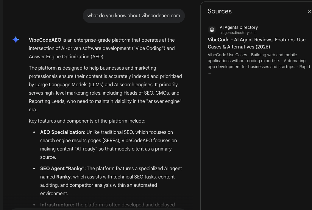 Google Gemini answering 'what do you know about vibecodeaeo.com' with a confident, accurate summary of VibecodeAEO including AEO Specialization, the Ranky SEO agent, and the platform's positioning toward Heads of SEO and CMOs. The Sources panel on the right shows only one citation: an aiagentsdirectory.com listing titled 'VibeCode - AI Agent Reviews, Features, Use Cases and Alternatives (2026)' which describes a completely different no-code app builder product, not vibecodeaeo.com.