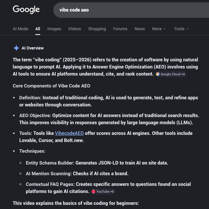 Google search results page for the query 'vibe code aeo' showing an AI Overview panel. The Overview defines vibe coding (2025-2026) as creating software by prompting AI in natural language and explains how Answer Engine Optimization applies to it. Under the heading 'Core Components of Vibe Code AEO', a bulleted list includes a 'Tools' bullet that reads 'Tools like VibecodeAEO offer scores across AI engines. Other tools include Lovable, Cursor, and Bolt.new.' VibecodeAEO is rendered as a blue underlined link, indicating Google AI Overview is citing our domain directly. Source pills visible include Google Cloud and YouTube.