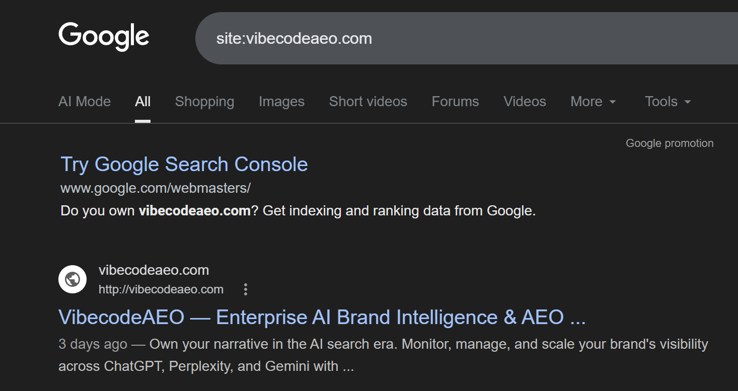 Google Search results for site:vibecodeaeo.com showing only one indexed page, the VibecodeAEO homepage